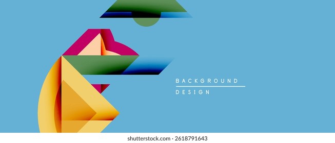 Formas geométricas abstratas se sobrepõem, criando gradientes de cores vibrantes. Fundo azul fornece contraste, elemento de design moderno.
