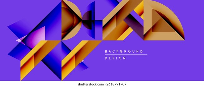 Abstract geometric shapes overlap, creating vibrant visual effect. Purple background enhances golden, blue gradients. Modern design element.