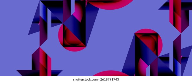 Las Formas geométricas Abstractas se superponen, creando Gradientes de colores vibrantes. El fondo púrpura realza los contrastes de color rosa y azul. Diseño moderno.