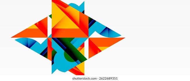 Abstract geometric shapes overlap, creating vibrant colorful composition. Triangles dominate design, offering dynamic visual interest.