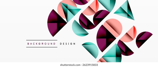 Abstract geometric shapes overlap, creating vibrant modern design. Colors include pink, teal, burgundy, white. Minimalist aesthetic.