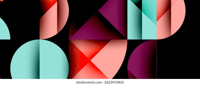 Formas geométricas abstratas se sobrepõem, criando gradientes de cores vibrantes. Composição apresenta curvas, triângulos, retângulos em fundo preto.