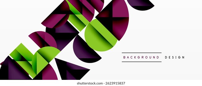 Abstract geometric shapes overlap, creating dynamic composition. Purple, green, black hues dominate white background. Modern design element.