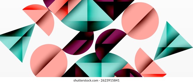 Abstract geometric shapes overlap, creating dynamic composition. Colors include teal, pink, purple, white space dominates design.