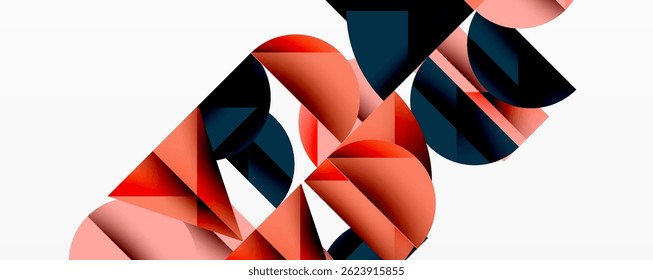 Las Formas geométricas Abstractas se superponen, creando composiciones dinámicas. Los tonos rojos, coral y azul marino dominan el fondo blanco. Diseño moderno.