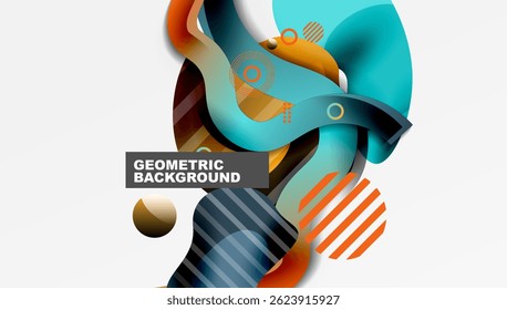 Abstract geometric shapes overlap, creating dynamic composition. Blue, orange, brown hues dominate design. Modern aesthetic.