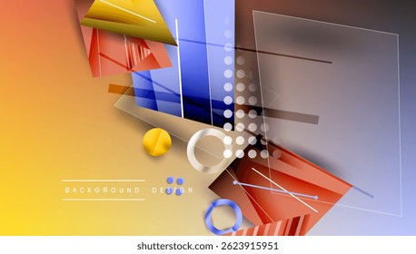 Abstract geometric shapes overlap, creating vibrant gradients. Yellow, orange, blue tones dominate design. Modern aesthetic.
