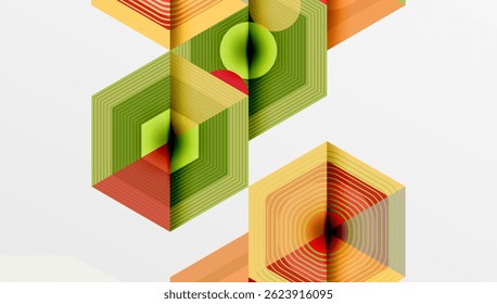 Abstract geometric shapes overlap, creating colorful layered illusion. Lines form hexagonal patterns, vibrant gradients present.