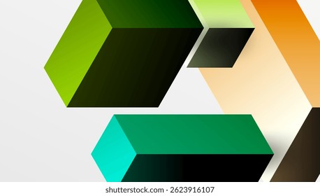 Abstract geometric shapes overlap, creating layered visual effect. Colors include green, orange, brown, teal, white. Modern design.