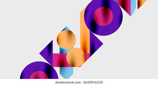Abstract geometric shapes overlap, creating vibrant color gradients. Composition features purple, orange, blue hues on white background.