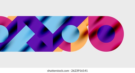 Abstract geometric shapes overlap, creating vibrant colorful composition. Modern design with smooth gradients, dynamic visual impact.