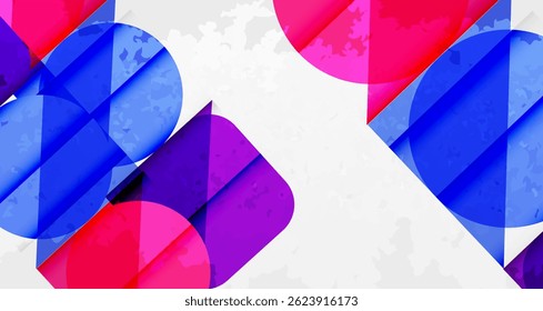 Abstract geometric shapes overlap, creating vibrant color blends. Pink, blue, purple hues dominate textured white background.