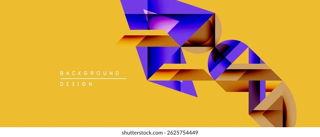 Abstract geometric shapes overlap, creating dynamic visual texture. Gold background enhances purple, blue elements. Modern design.