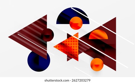Abstract geometric shapes overlap, creating dynamic composition. Colors include red, orange, blue, gradients present. Minimalist design.