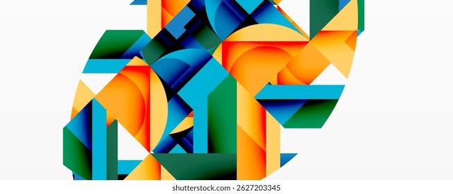 Abstract geometric shapes overlap, creating vibrant composition. Orange, blue, green dominate design. Modern, colorful artwork.