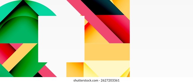 Abstract geometric shapes overlap, creating vibrant color blocks. Composition features layered forms, dynamic angles, modern design.