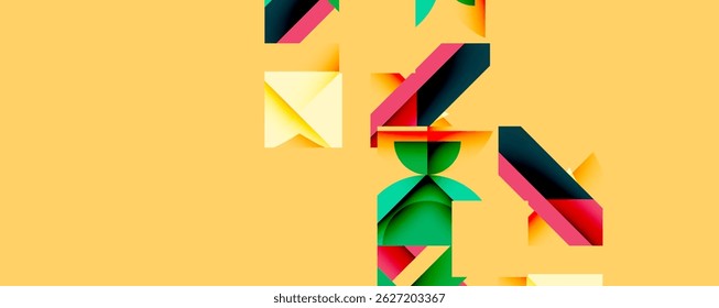 Formas geométricas abstratas se sobrepõem, criando composição dinâmica. Fundo amarelo fornece contraste, cores vibrantes dominam o design.