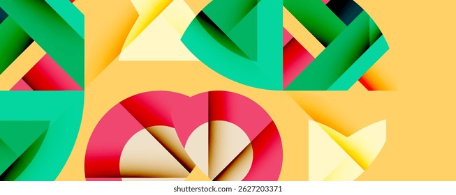 Abstract geometric shapes overlap, creating vibrant colorful composition. Yellow background provides contrast. Modern design elements present.