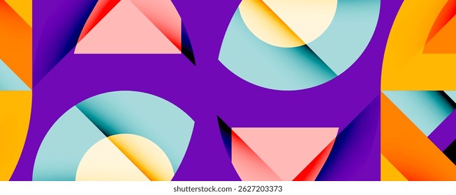 Formas geométricas abstratas se sobrepõem, criando uma composição vibrante. O plano de fundo roxo contrasta com os tons laranja, rosa e ciano. Design moderno.