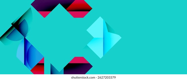 Formas geométricas abstratas se sobrepõem, criando composição dinâmica. O fundo azul-escuro contrasta com elementos roxos, azuis e vermelhos. Design moderno.