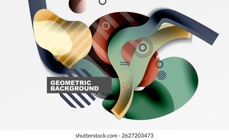 Abstract geometric shapes overlap, creating dynamic composition. Colors include gold, red, green, navy. Modern design element.