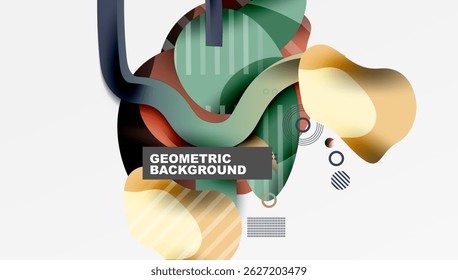 Abstract geometric shapes overlap, creating dynamic composition. Colors include yellow, green, brown, blue. Modern design element.