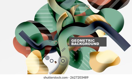 Abstract geometric shapes overlap, creating dynamic composition. Colors include green, yellow, blue, brown tones. Modern design element.