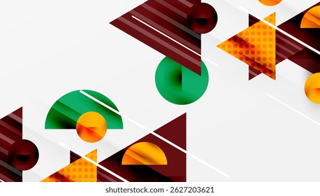 Abstract geometric shapes overlap, creating dynamic composition. Colors include burgundy, orange, green, white. Modern design elements present.