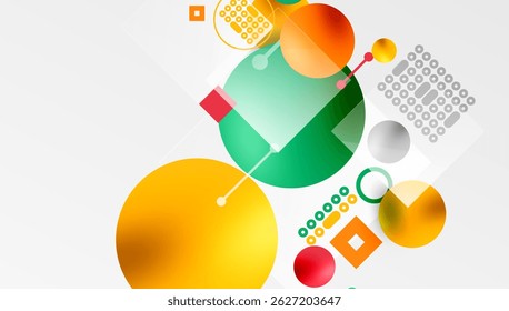 Abstract geometric shapes overlap, creating vibrant composition. Circles, squares, lines form modern design. Colors include green, orange, red.