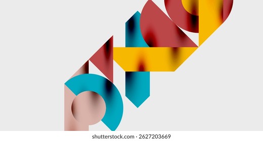 Abstract geometric shapes overlap, creating dynamic composition. Colors include red, yellow, teal, pink. Minimalist design on black background.