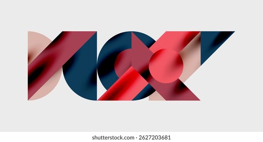 Abstrakte geometrische Formen überlappen sich und erzeugen dynamische Komposition. Rote, marineblaue, blassrosa Farbtöne dominieren den neutralen Hintergrund. Modernes Design.