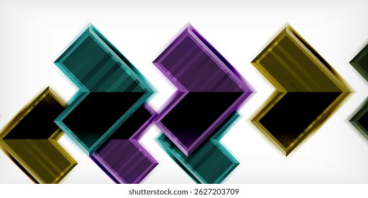 Abstract geometric shapes overlap, creating dynamic visual effect. Colors include teal, purple, gold against black background.