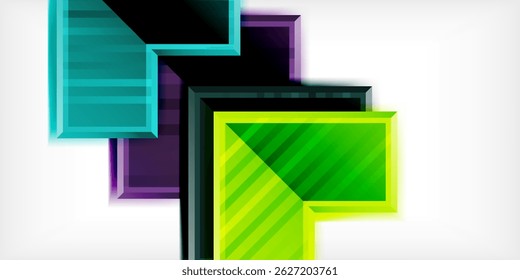 Abstract geometric shapes overlap, creating vibrant layered design. Bright colors contrast dark background. Modern, dynamic composition.