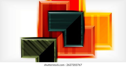 Abstract geometric shapes overlap, creating layered effect. Colors include red, yellow, green, black, white. Modern design.
