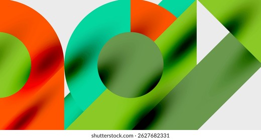 Abstract geometric shapes overlap, creating vibrant color blends. Green, teal, orange dominate black background. Modern design elements present.