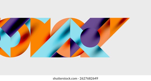 Las Formas geométricas Abstractas se superponen, creando bloques de colores vibrantes. La composición presenta triángulos, círculos, Gradientes lisos. Diseño moderno.