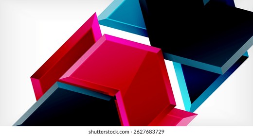 Formas geométricas abstratas se sobrepõem, criando composição dinâmica. As cores vivas contrastam com o plano de fundo escuro. Elementos de design modernos presentes.