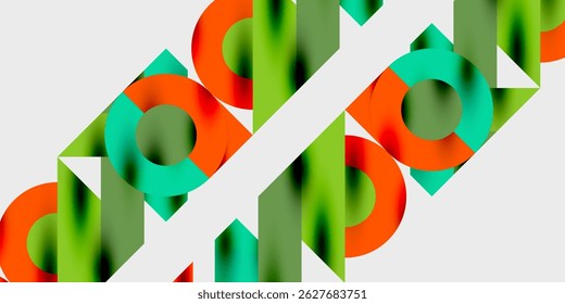 Abstract geometric shapes overlap, creating vibrant patterns. Green, orange, teal colors dominate design. Minimalist aesthetic, modern composition.