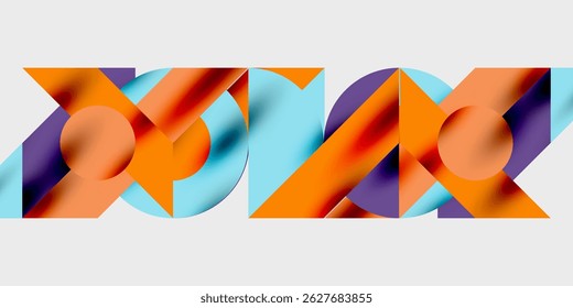 Abstract geometric shapes overlap, creating vibrant patterns. Orange, purple, blue tones dominate composition. Modern design element.