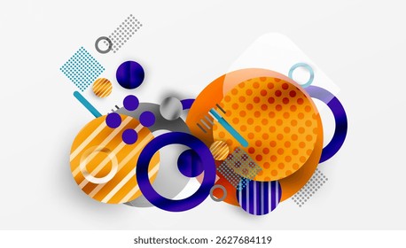 Abstract geometric shapes overlap, creating vibrant composition. Orange, purple dominate design with dotted textures. Modern aesthetic.