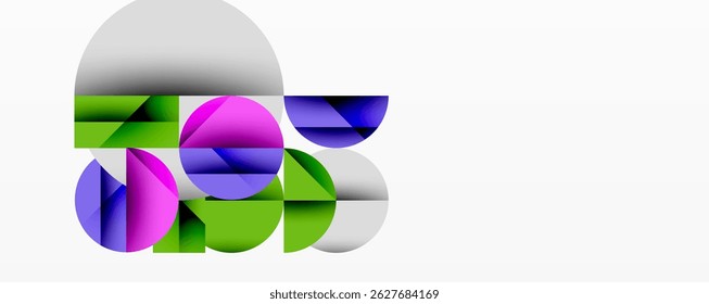 Abstrakte geometrische Formen überlappen sich und erzeugen lebendige Farbblöcke. Kreise, Halbkreise, Farbverläufe definieren die Zusammensetzung. Moderne Gestaltungselemente sind vorhanden.
