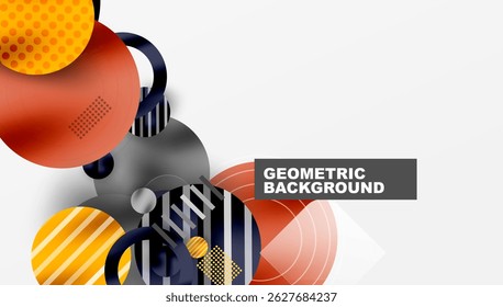 Abstract geometric shapes overlap, creating dynamic composition. Colors include orange, yellow, gray, navy. Modern design element.