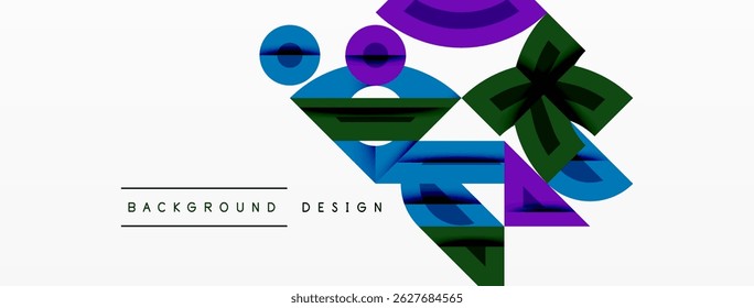 Abstract geometric shapes overlap, creating vibrant design. Blue, purple, green hues dominate white space. Text reads background design.