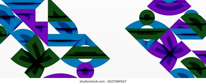 Abstract geometric shapes overlap, creating vibrant patterns. Purple, green, blue hues dominate white background. Modern design elements present.