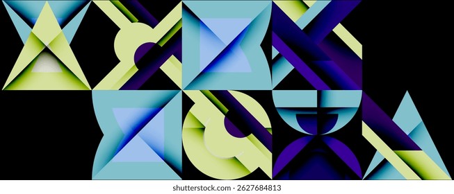 Abstract geometric shapes overlap, creating vibrant color gradients. Blue, green, purple hues dominate composition. Modern design.