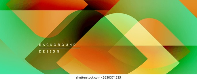 Abstract geometric shapes overlap, creating vibrant color gradients. Design features orange, green, red hues. Modern background texture.