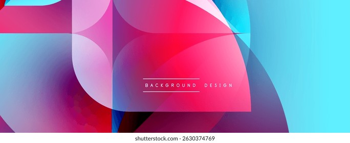 Abstract geometric shapes overlap, creating vibrant gradients. Pink, purple, blue hues dominate design. Modern aesthetic, clean lines present.