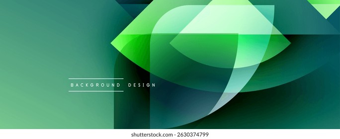 Abstract geometric shapes overlap, creating dynamic green gradient background. Modern design elements suggest innovation, fluidity.