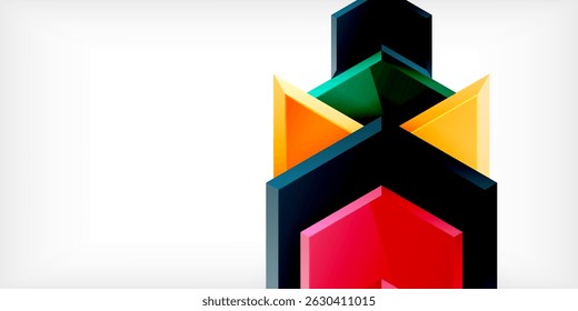 Abstract geometric shapes overlap, creating vibrant layered structure. Colors include orange, green, red, yellow, blue. Minimalist design.