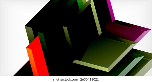 Abstract geometric shapes overlap, creating dynamic composition. Colors include red, green, purple, black, white. Minimalist design.